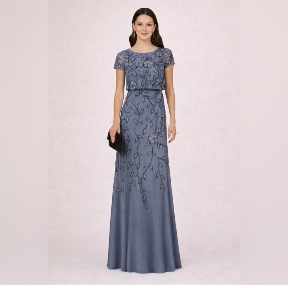 Adrianna Papell Slate Blue Floral Embroidered Short-Sleeve Maxi Dress